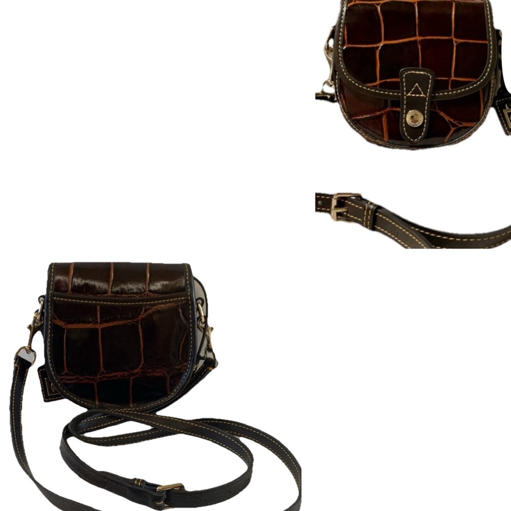 🦆Dooney & Bourke Croc- Embossed Leather Brown Cognac Mini Flap Crossbody🦆 - Picture 5 of 17